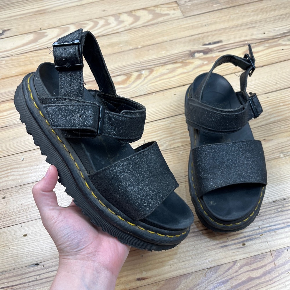 Dr Martens Voss Black‎ Glitter Platform Sandals gladiator Ziggy Sole Womens sz 7
